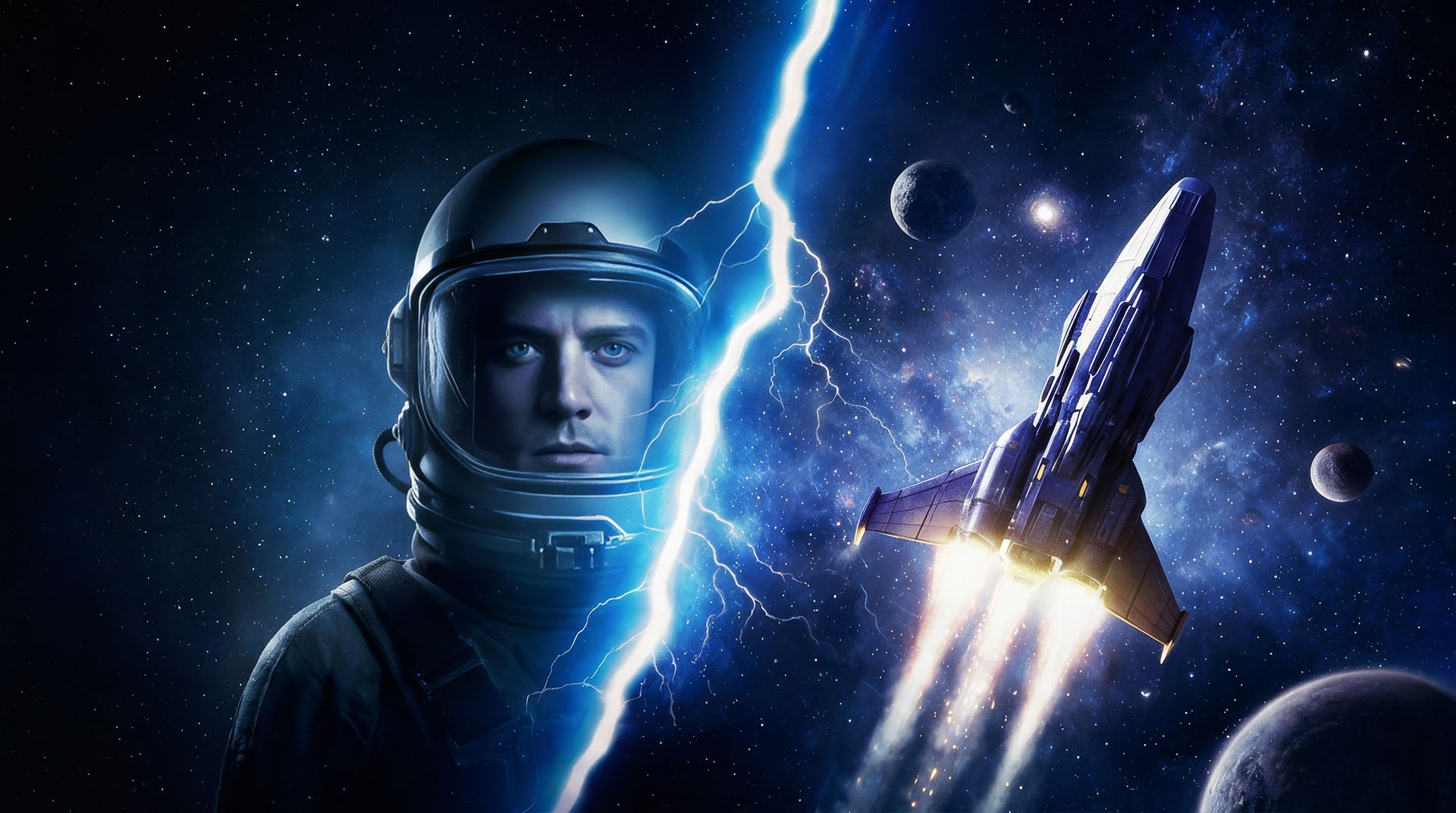 An astronaut in a reflective helmet stands beside a bolt of blue lightning that splits the frame, with a spacecraft launching toward distant planets on the other side.